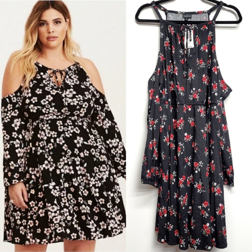 NWT Torrid 2 Black Rose Long Sleeve Challis Cold Shoulder Skater Dress 2X 18 20